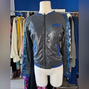 Members Only Women's Silver and Blue Sequin Bomber Jacket